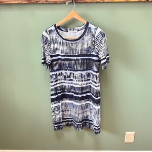 Snoskins Womens XS Blue White Abstract Stripe Short Sleeve Tunic Top Made in USA